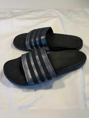 Adidas Adilette Unisex Black Slides with Silver Metallic stripes 10 / 43 EU